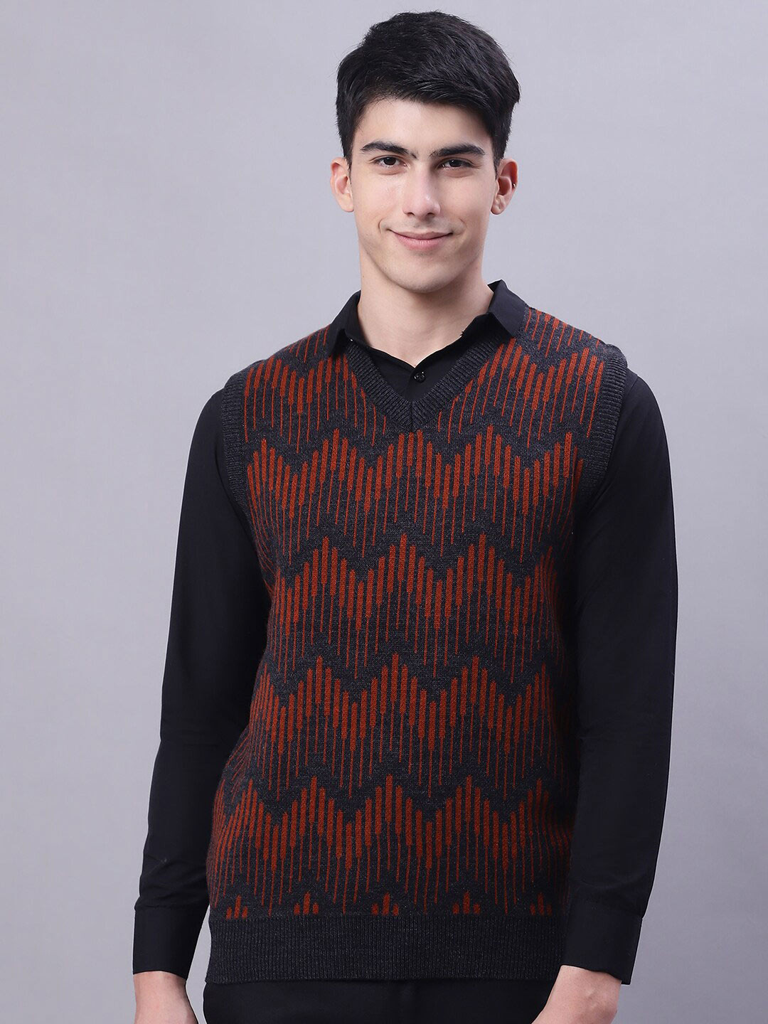 

VENITIAN Ethnic Motif Self Design Sweater Vest, Rust