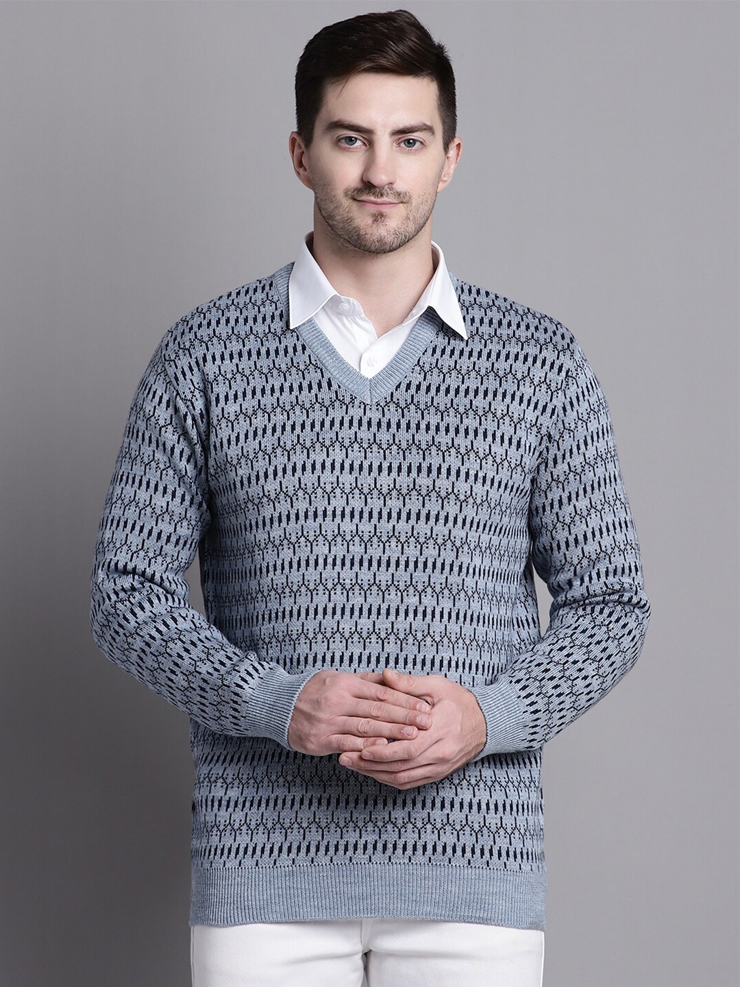 

VENITIAN Geometric Printed Acrylic Pullover Sweater, Blue