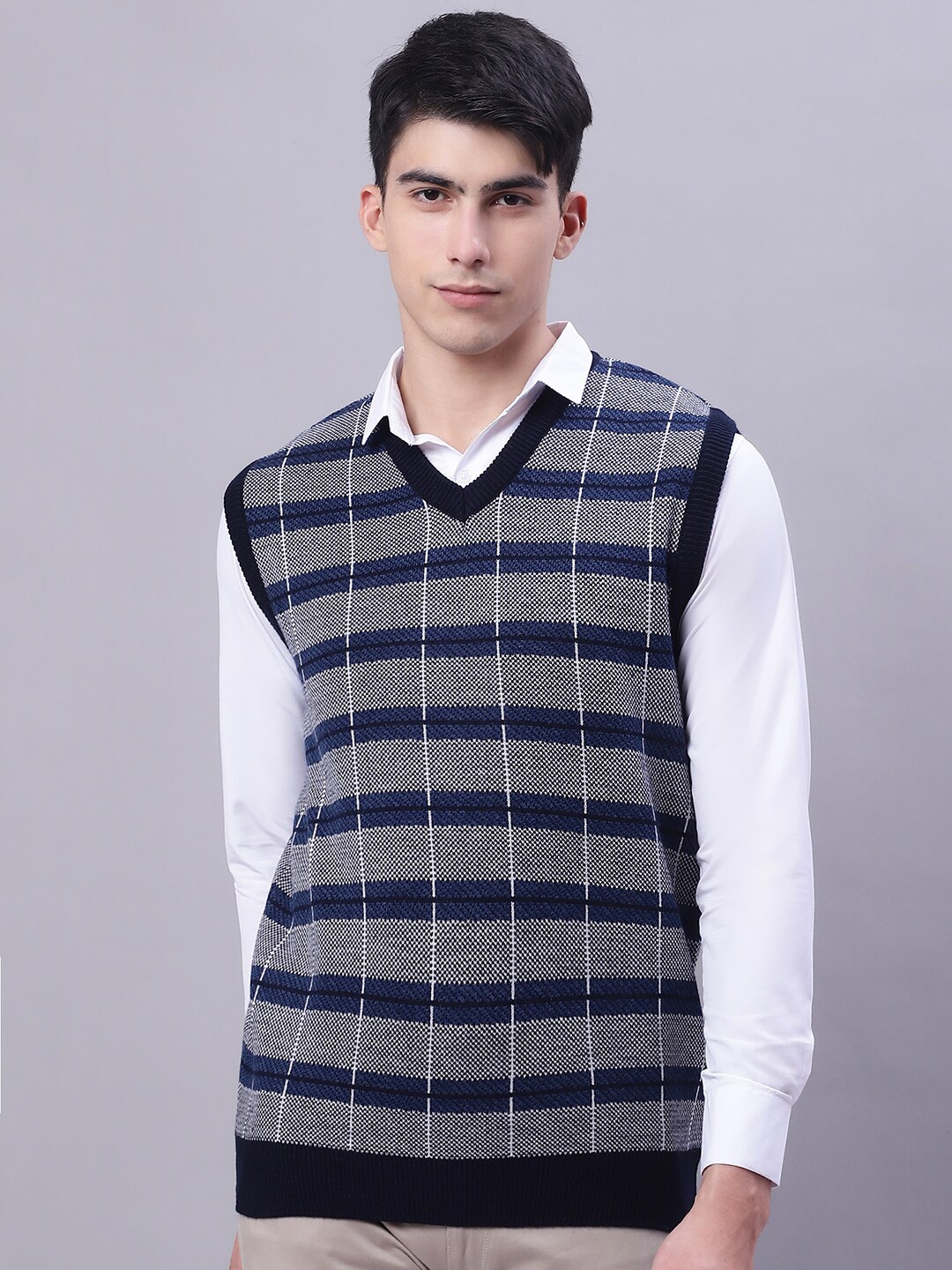 

VENITIAN Checked V Neck Pullover, Blue
