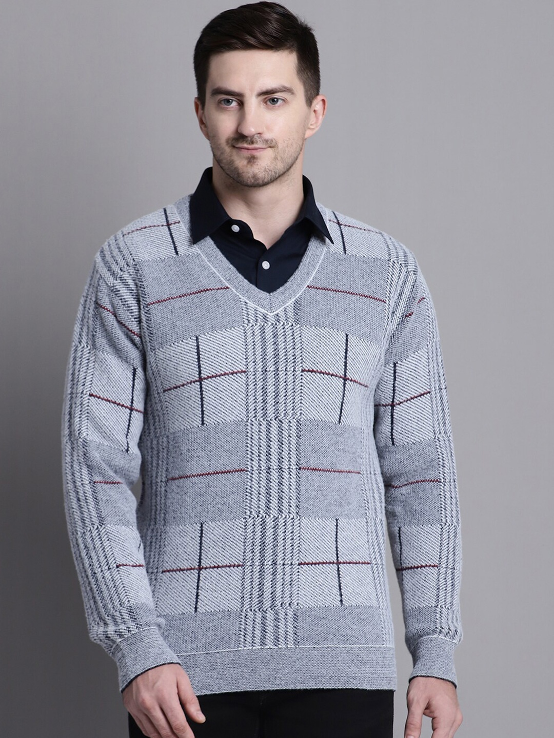 

VENITIAN Geometric Self Design Pullover, Grey