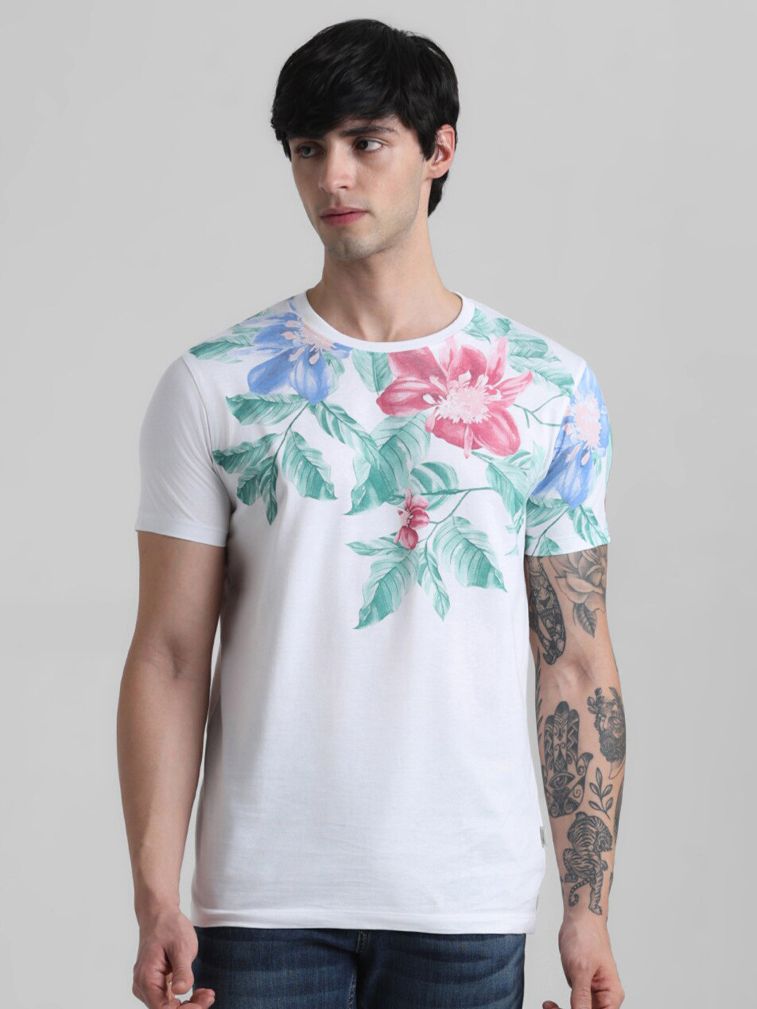 

Jack & Jones Floral Printed Slim Fit Pure Cotton T-shirt, White