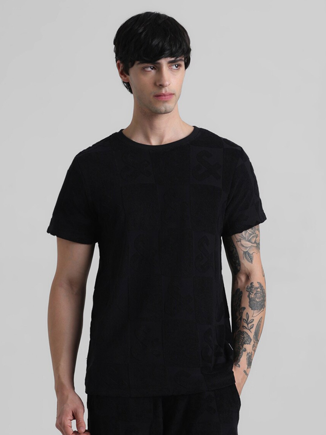 

Jack & Jones Self Design Round Neck Short Sleeves Cotton T-shirt, Black