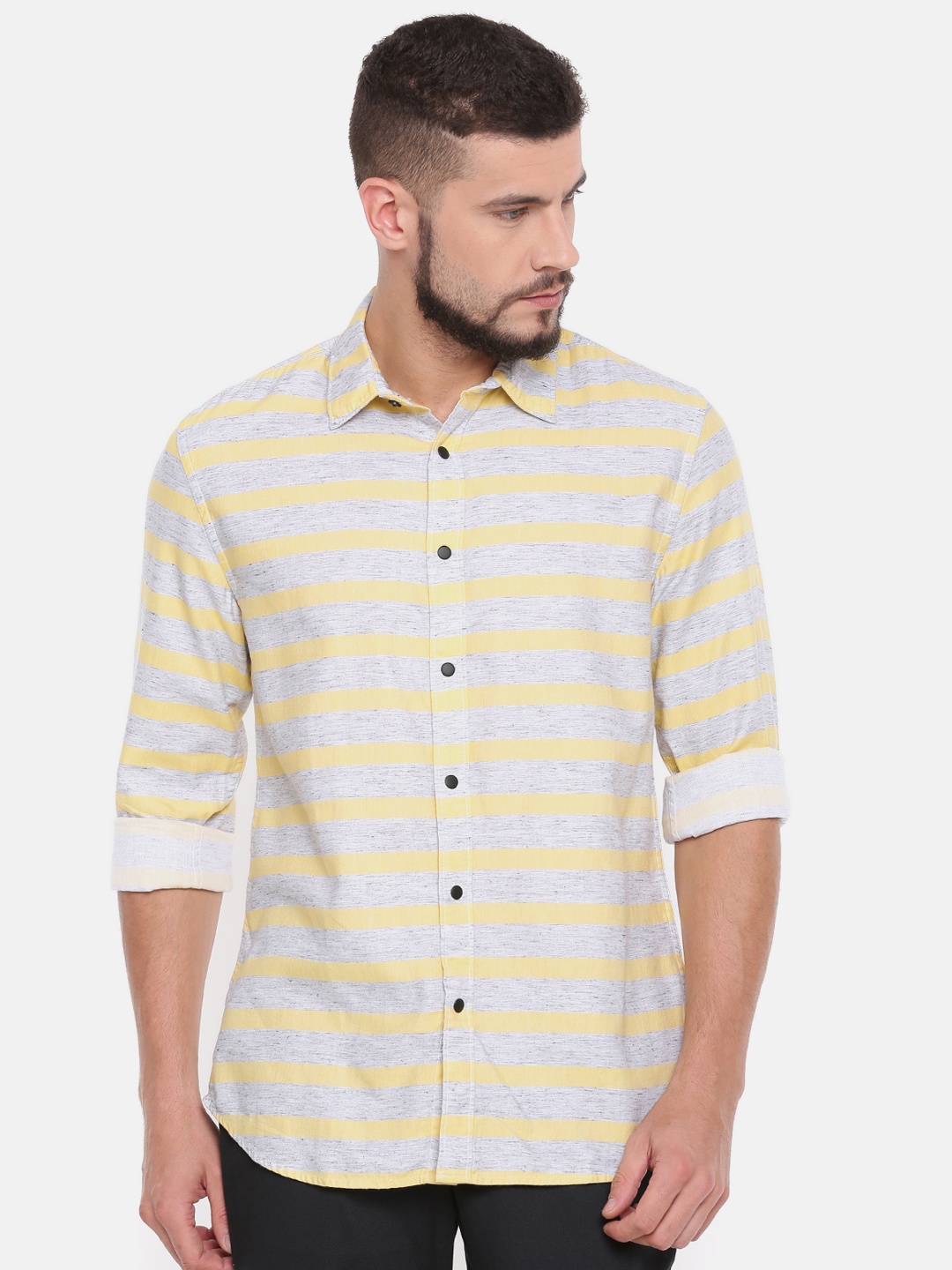 

Jack & Jones Men Yellow & Grey Melange Slim Fit Striped Casual Shirt