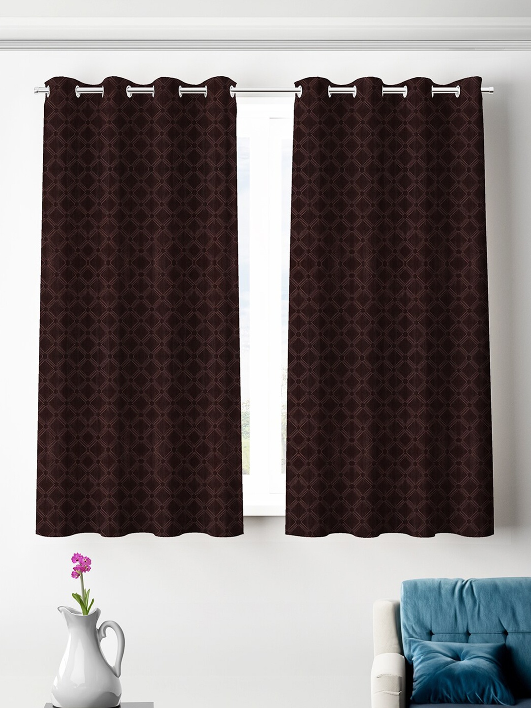 

ROMEE Coffee Brown 2 Pieces Geometric Printed Room Darkening Window Curtains