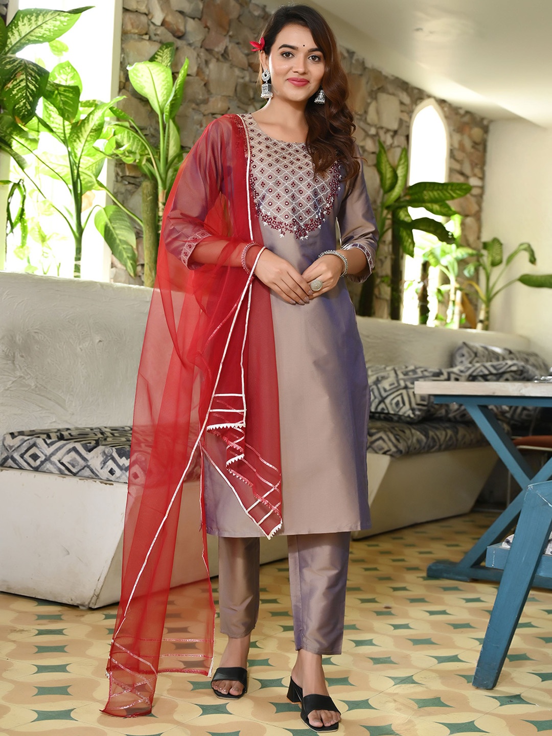 

V TRADITION Ethnic Motifs Yoke Design Gotta Patti Kurta With Trousers & Dupatta, Brown