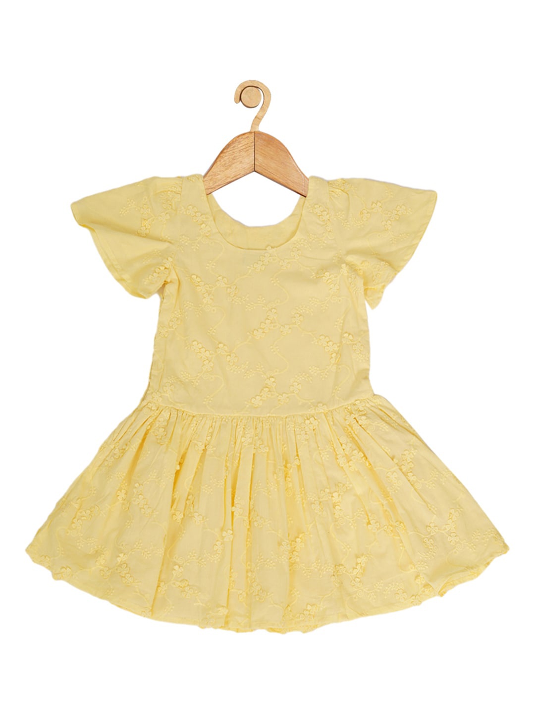 

Creative Kids Girls Floral Embroidered Gathered Puff Sleeves Cotton Fit & Flare Dress, Yellow