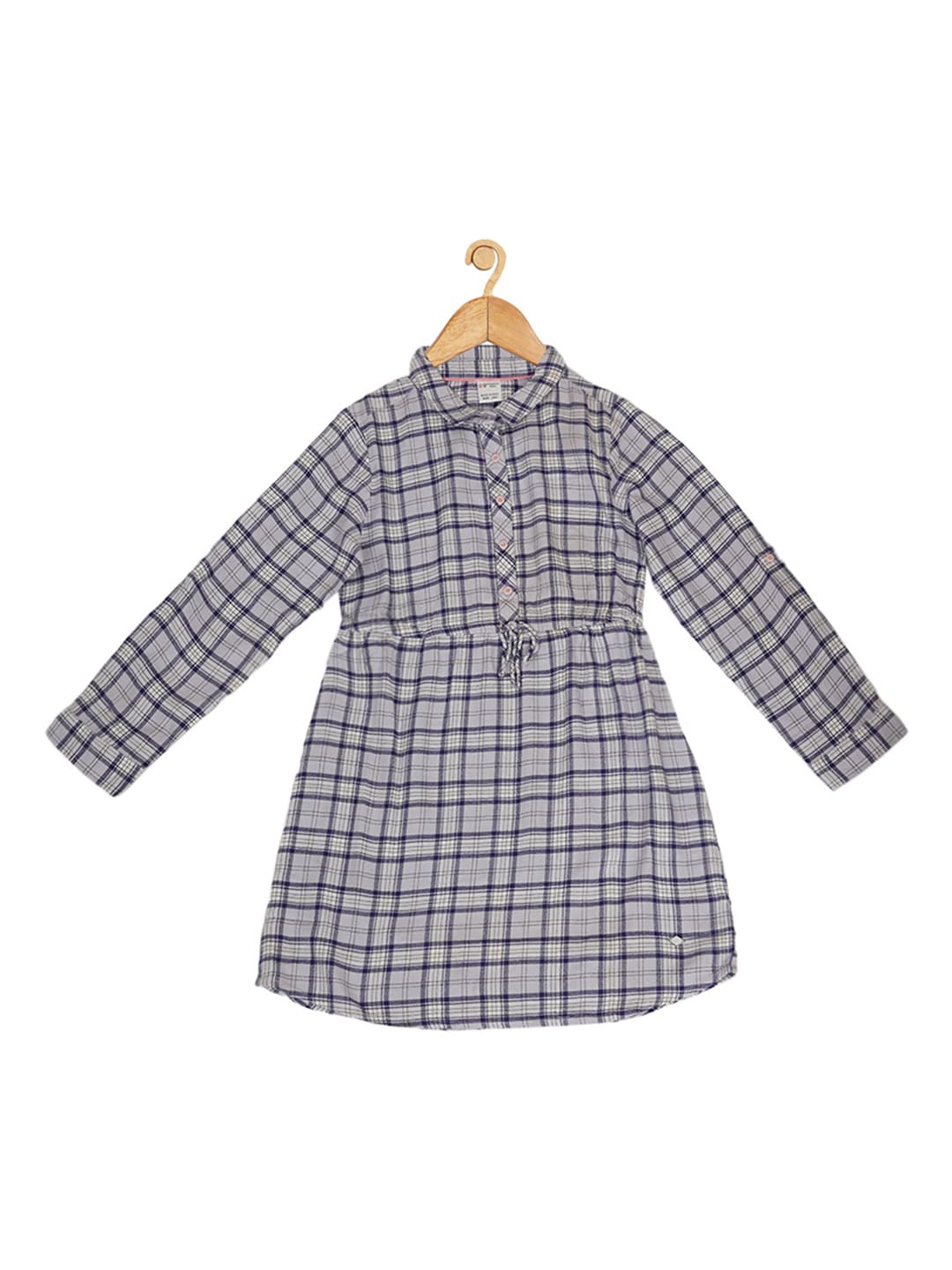 

Creative Kids Girls Checked Shirt Collar Cuffed Sleeves Shirt Midi Dress, Grey