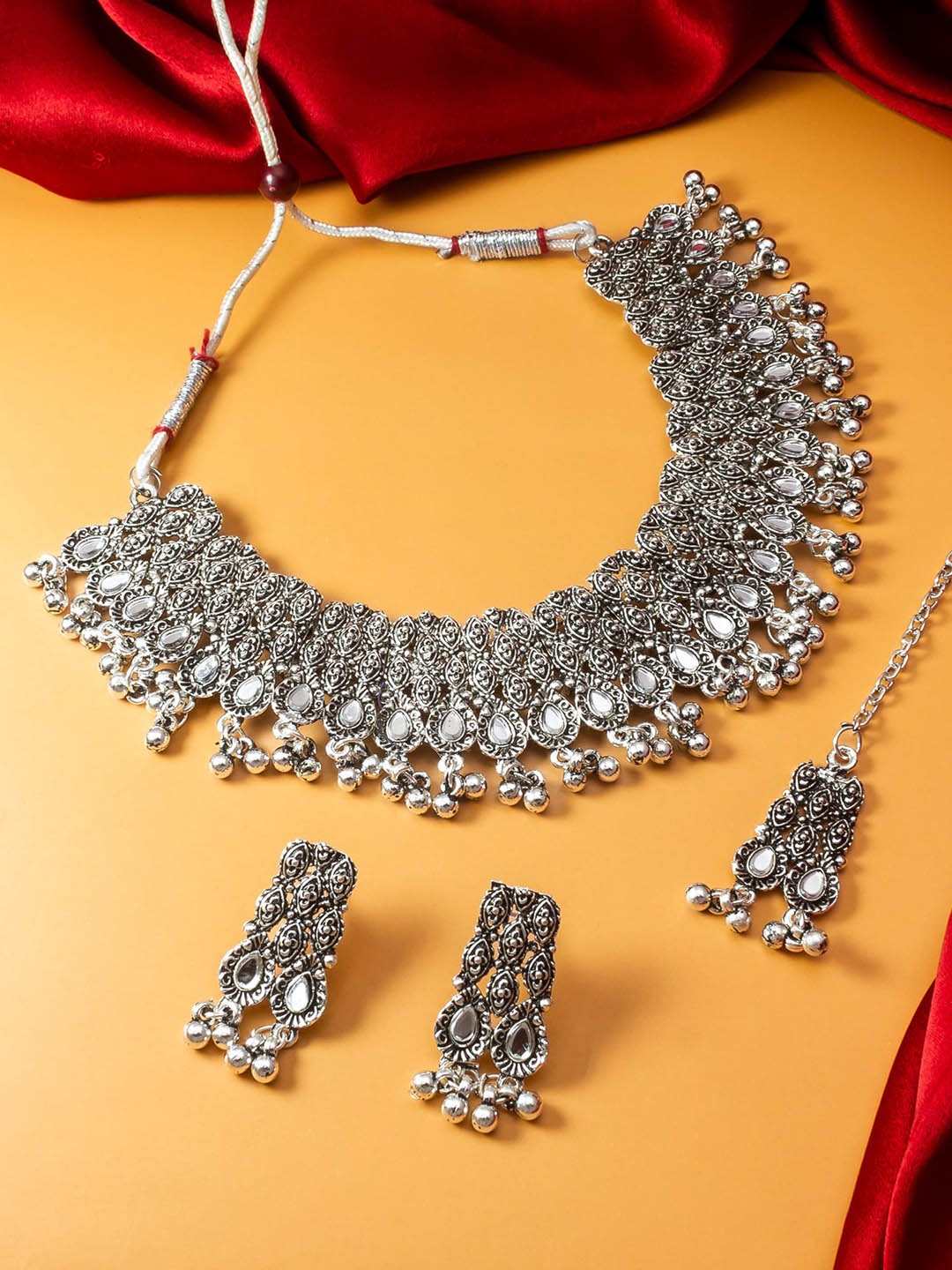 

aadita Oxidized Silver-Plated Stones-Studded & Beaded Choker Jewellery Set With Maang Tika