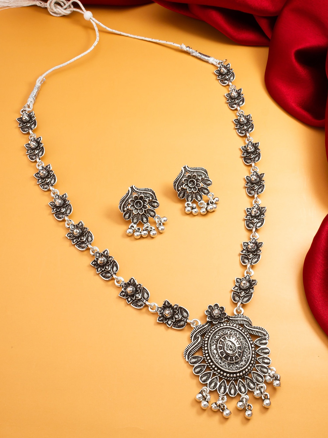 

aadita Oxidized Silver-Plated Beaded Matinee Necklace & Earrings