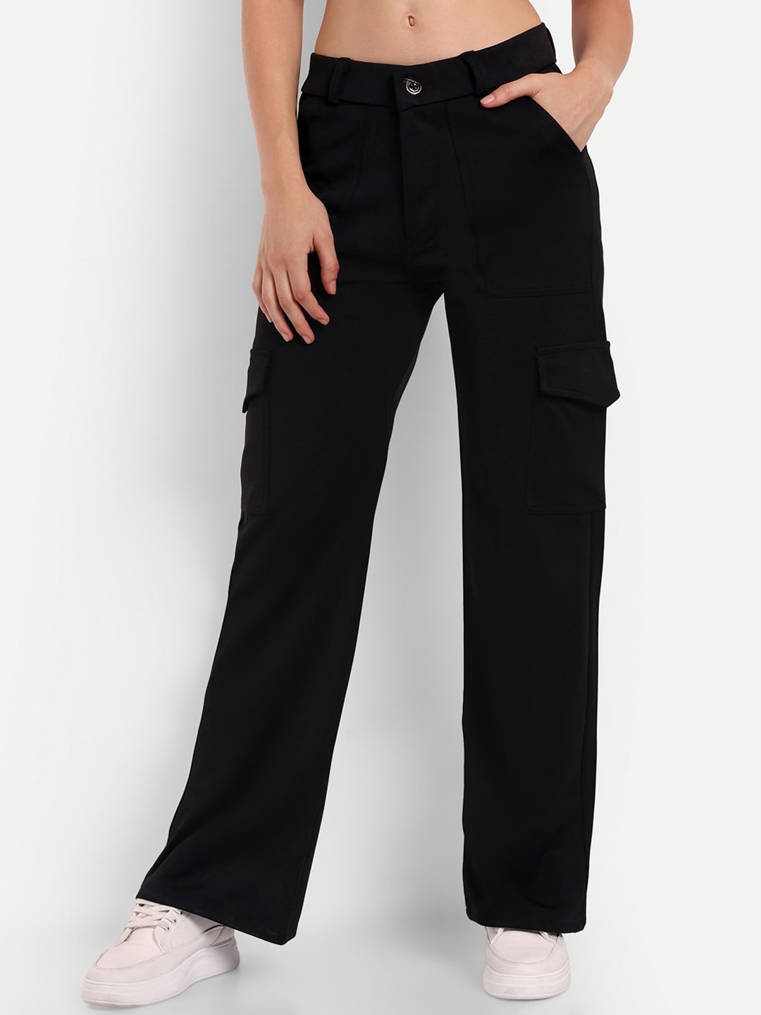 

Next One Women Smart Straight Fit High-Rise Easy Wash Cargo Trousers, Black