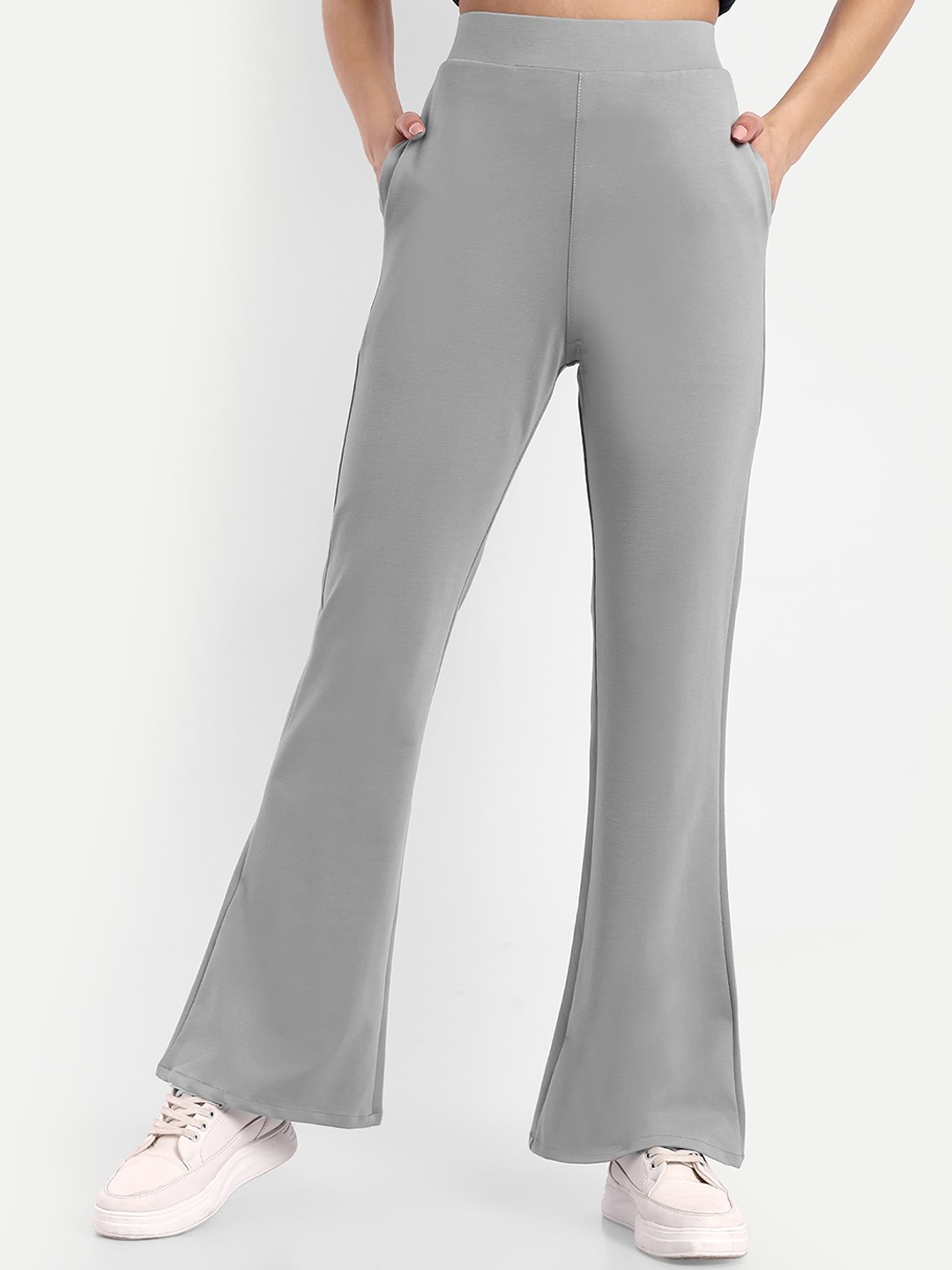

Next One Women Smart Flared High-Rise Easy Wash Cotton Bootcut Trousers, Grey