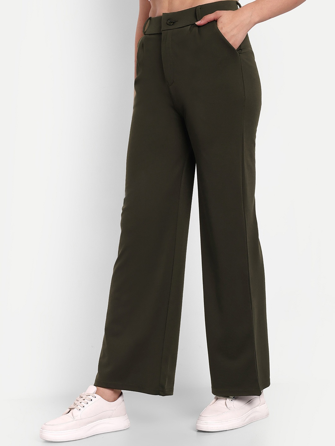 

Next One Women Smart Loose Fit High-Rise Easy Wash Cotton Parallel Trousers, Olive