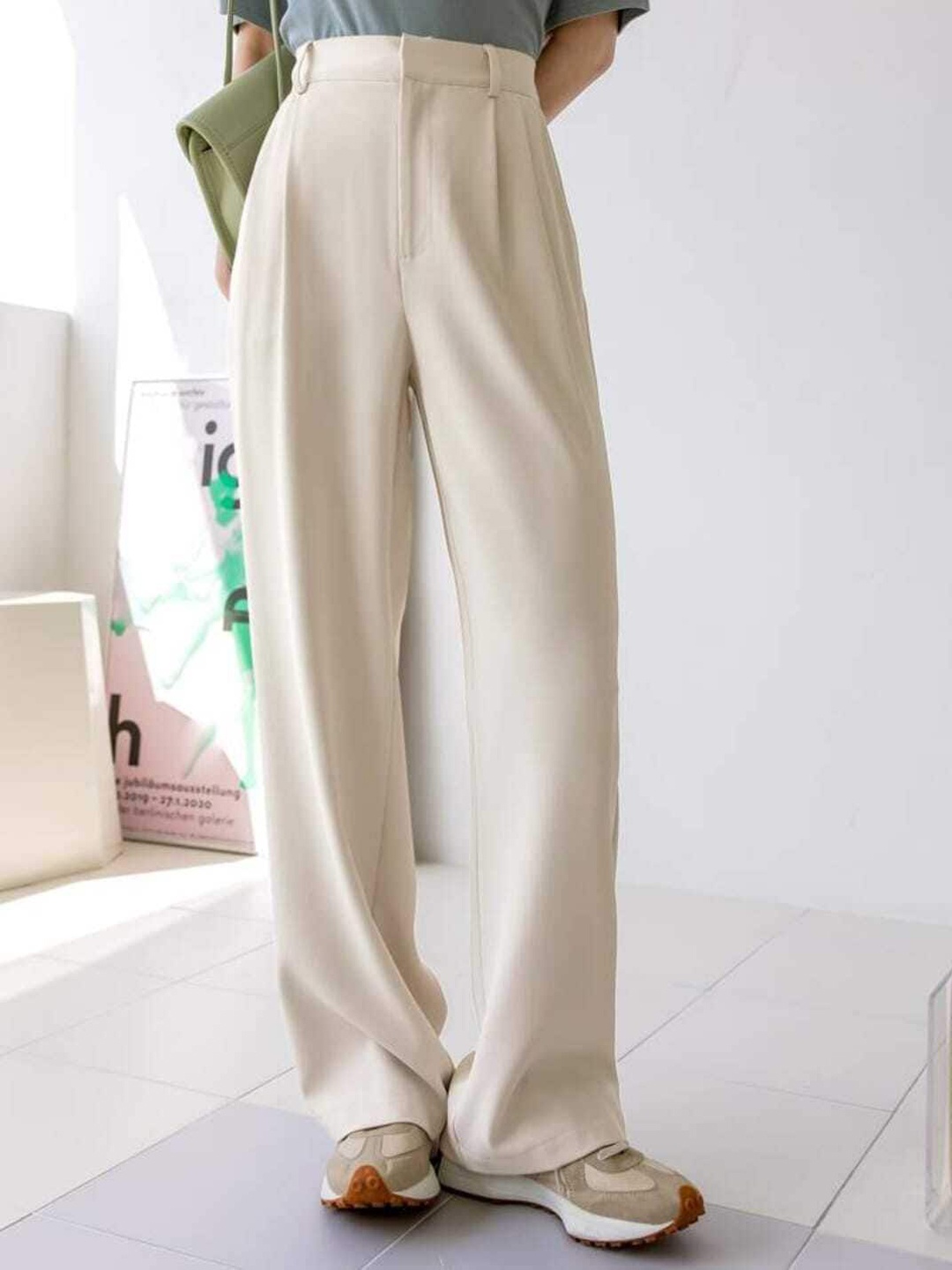 

Next One Women High-Rise Pleated Korean Trousers, Beige