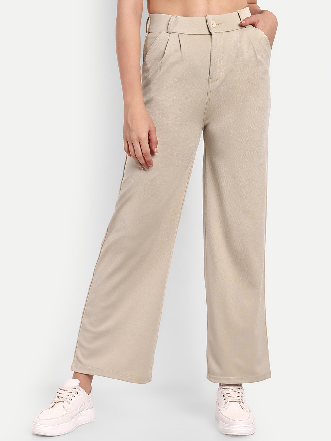 

Next One Women High-Rise Pleated Korean Trousers, Beige