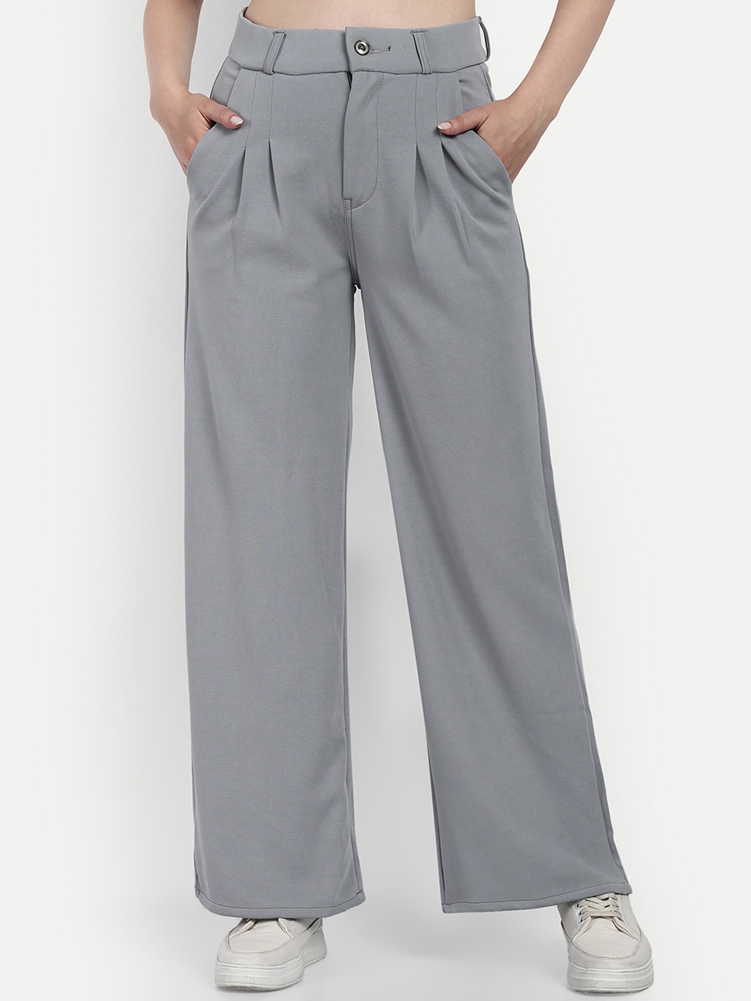 

Next One Women Smart Loose Fit High-Rise Easy Wash Pleated Cotton Trousers, Grey