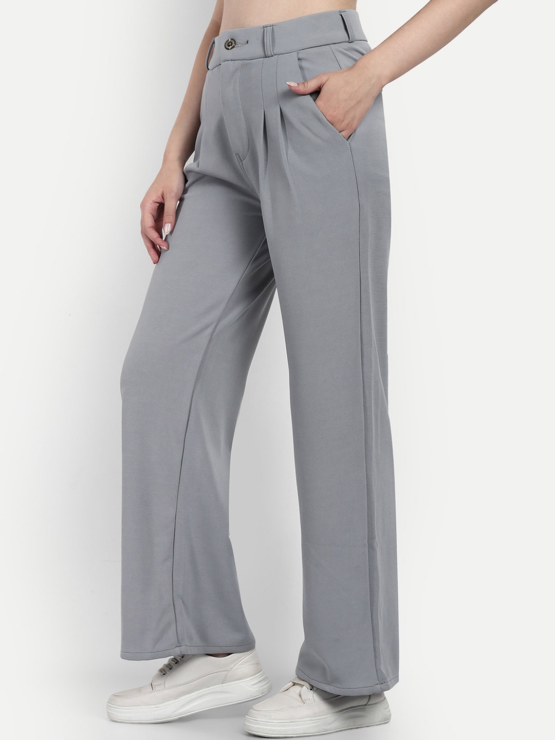 

Next One Women Smart Loose Fit High-Rise Easy Wash Cotton Parallel Trousers, Grey