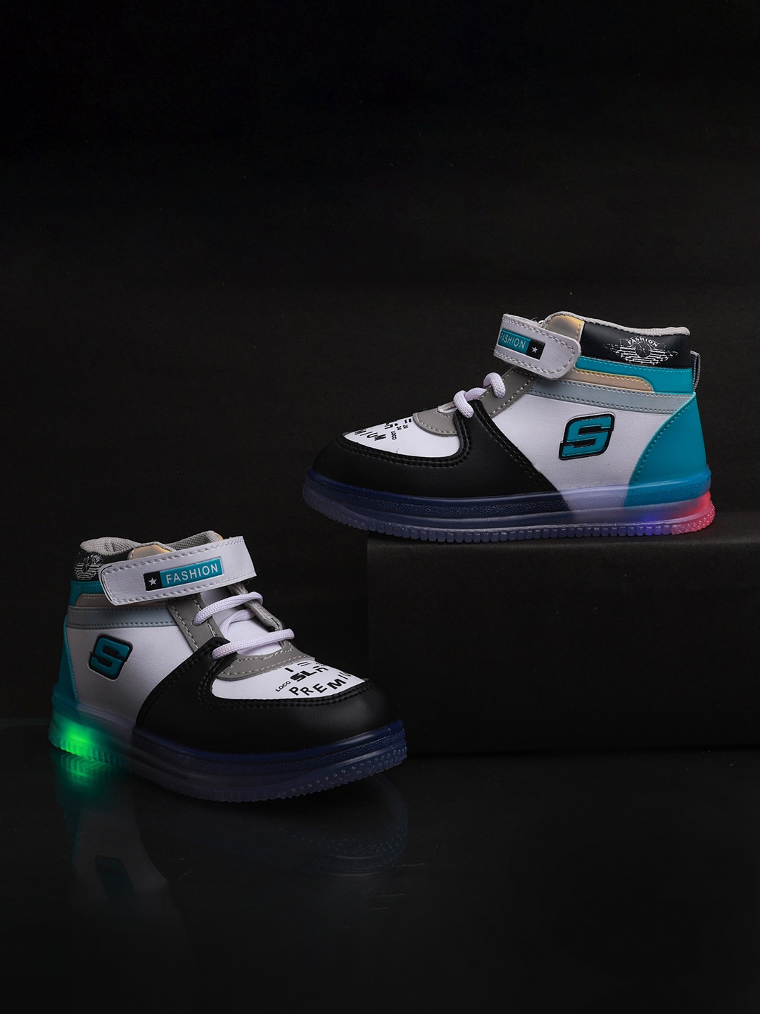

PASSION PETALS Kids Mid Top Colourblocked Lightweight Canvas Sneakers With LED Lights, Blue