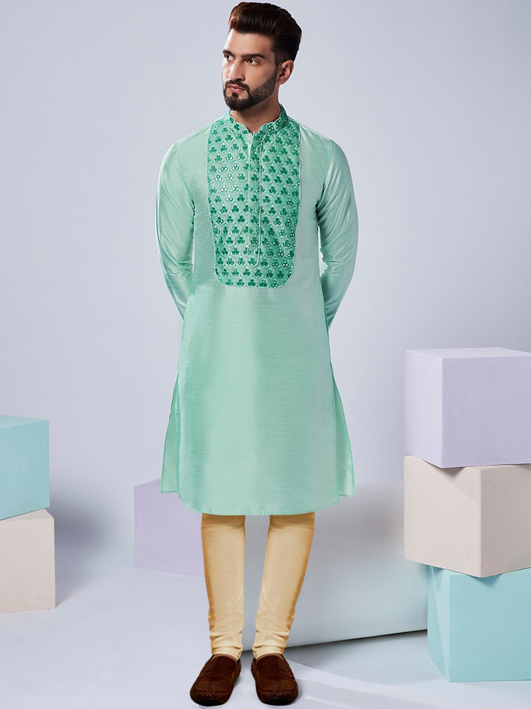 

KISAH Ethnic Motifs Yoke Design Regular Mirror Work Kurta With Churidar, Sea green