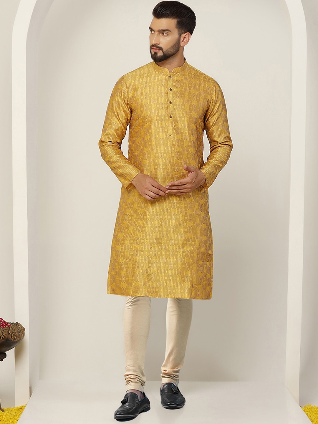 

KISAH Men Floral Woven Design Mandarin Collar Kurta With Churidar, Mustard