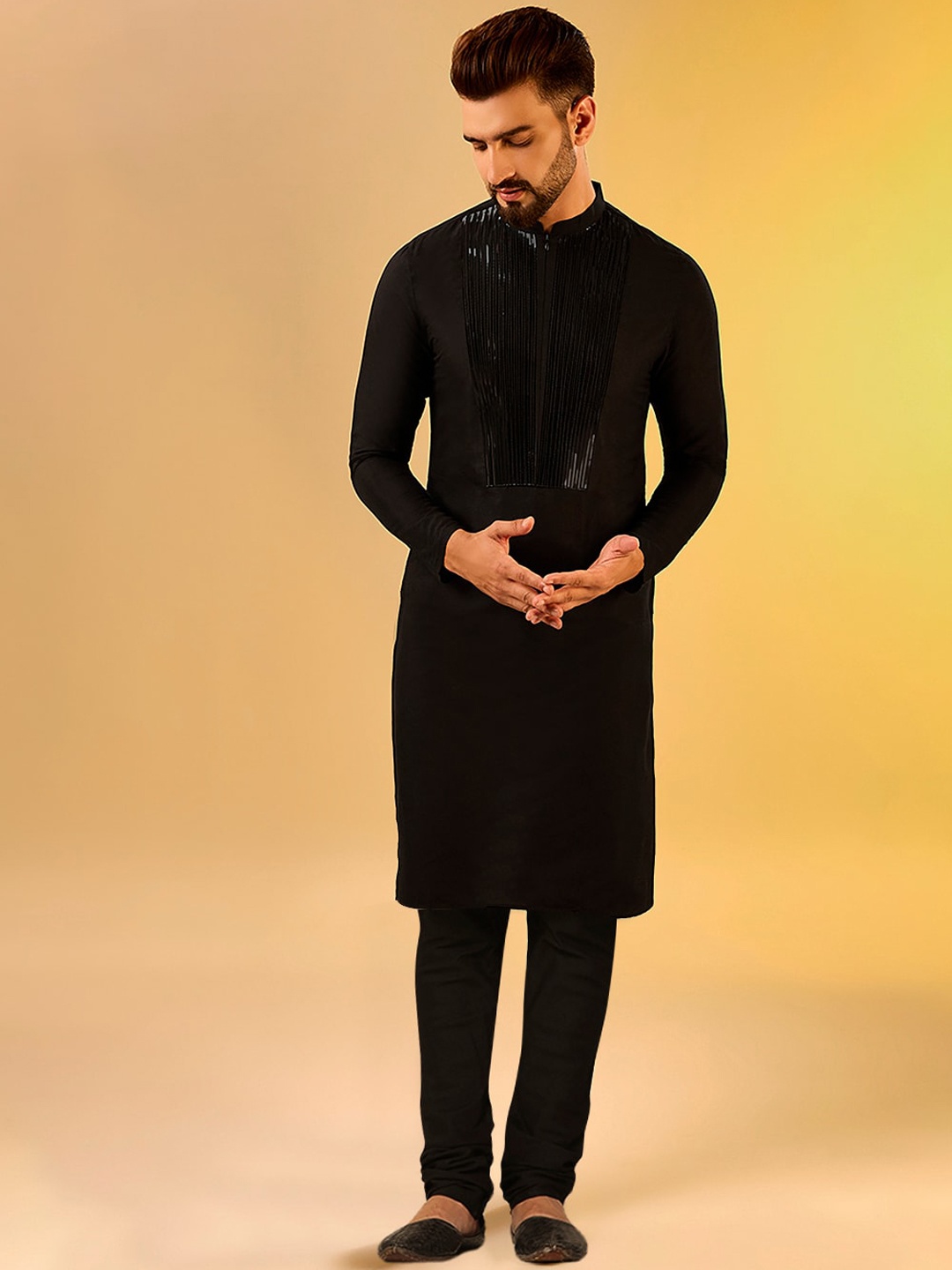 

KISAH Mandarin Collar Kurta With Churidar, Black