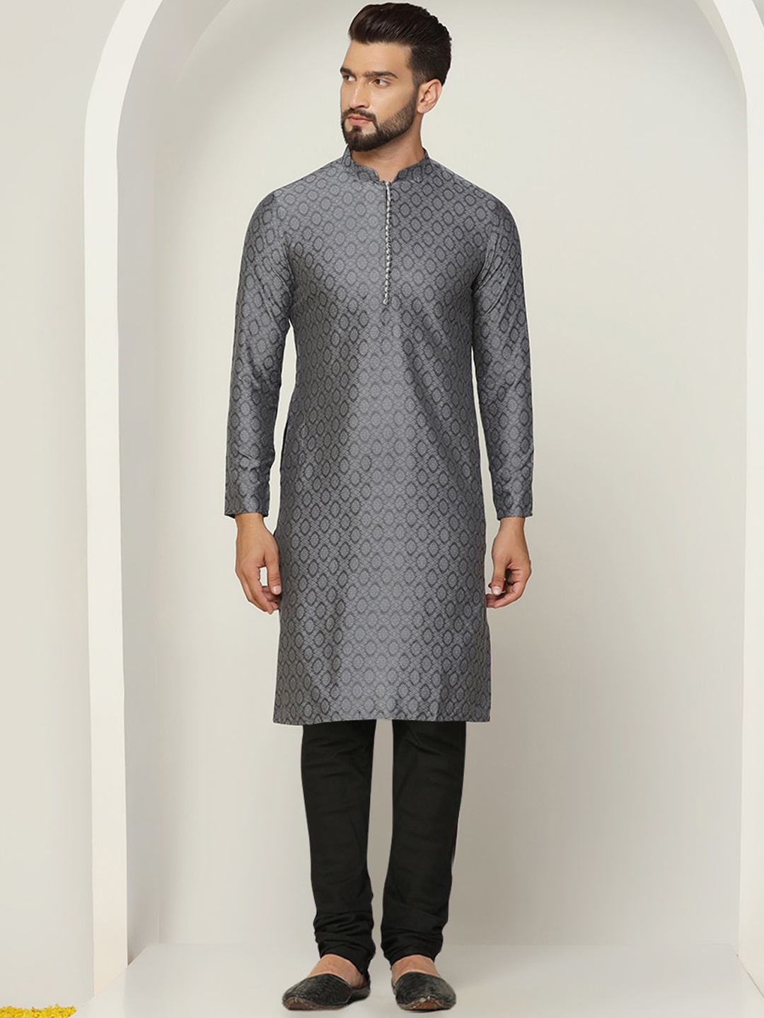 

KISAH Ethnic Motifs Woven Design Mandarin Collar Kurta With Churidar, Grey