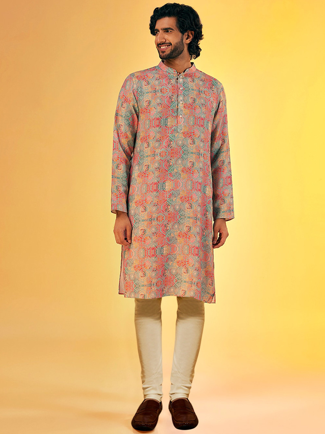 

KISAH Ethnic Motifs Printed Mandarin Collar Kurta With Churidar, Grey