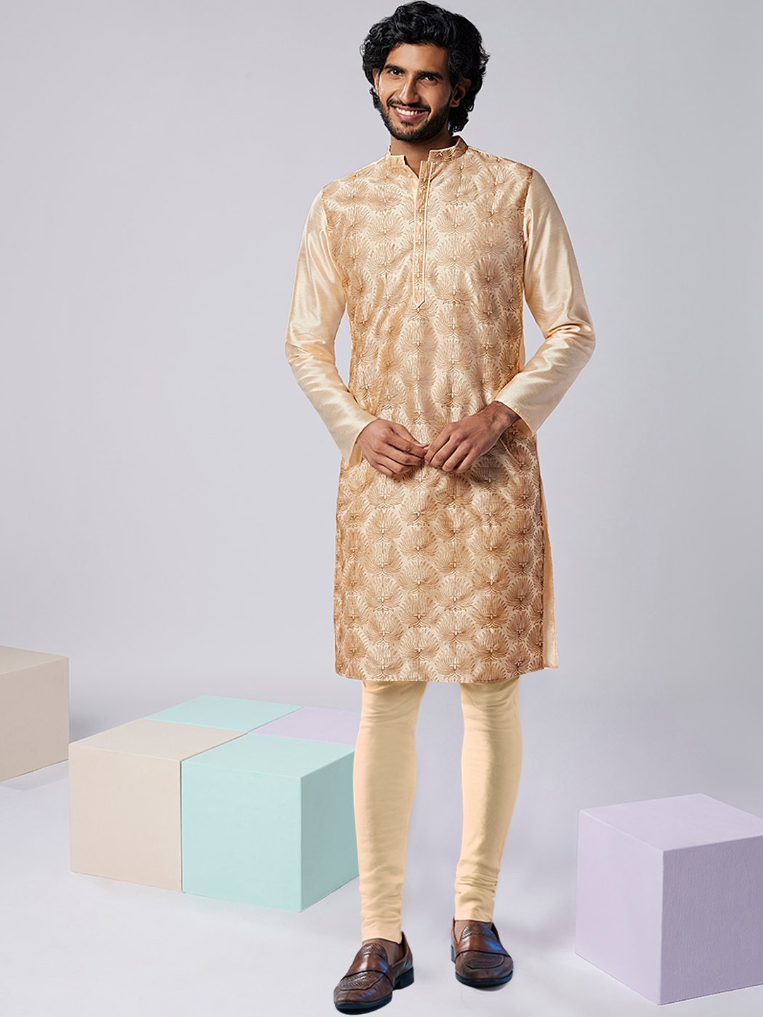 

KISAH Floral Printed Mandarin Collar Kurta With Churidar, Nude