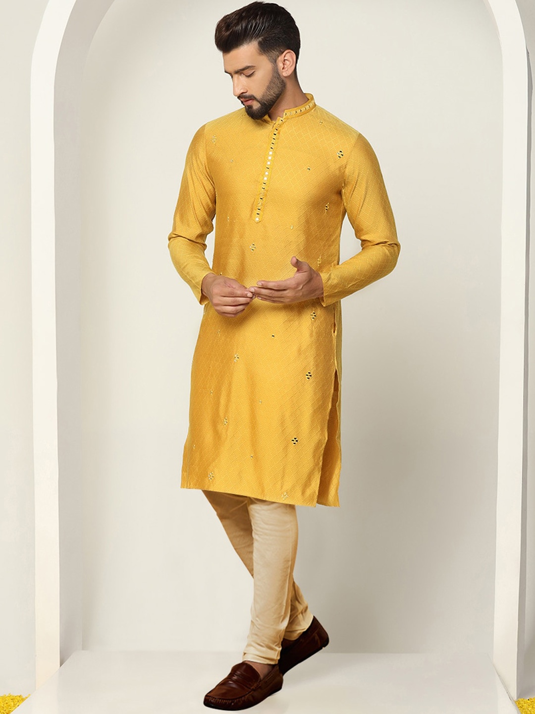 

KISAH Ethnic Motifs Embroidered Regular Mirror Work Kurta With Churidar, Mustard