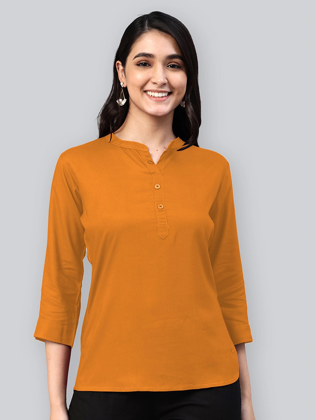 

LYRA Mandarin Collar Shirt Style Regular Top, Mustard