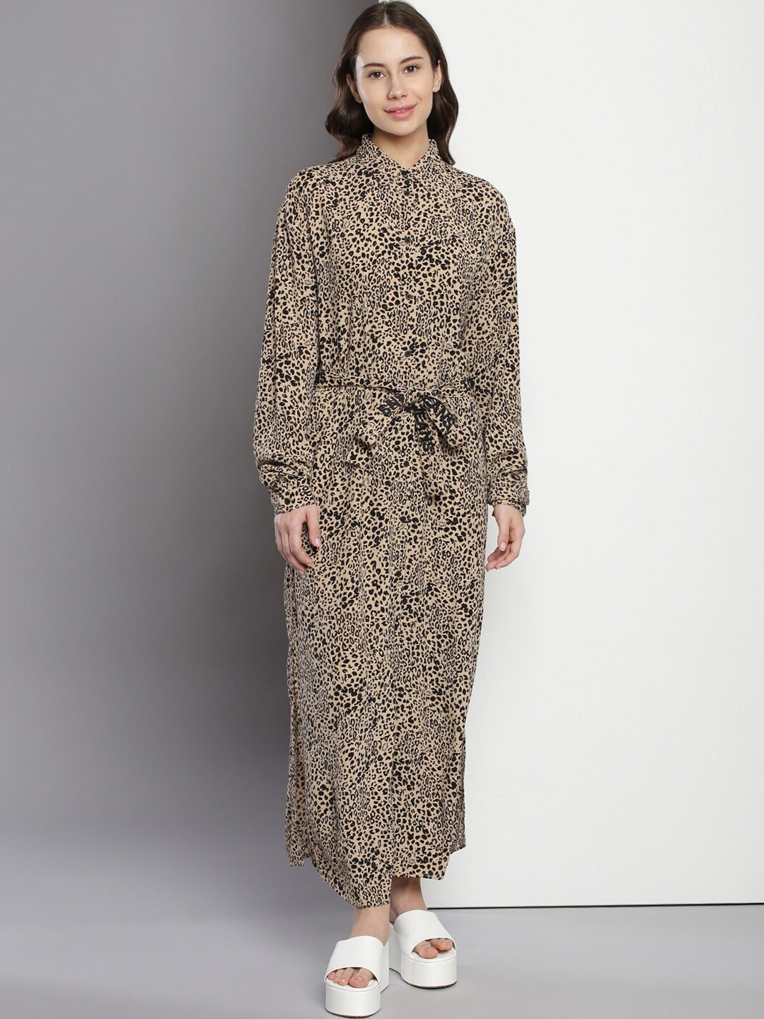 

Tommy Hilfiger Animal Printed Shirt Collar Belted A-Line Maxi Dress, Brown