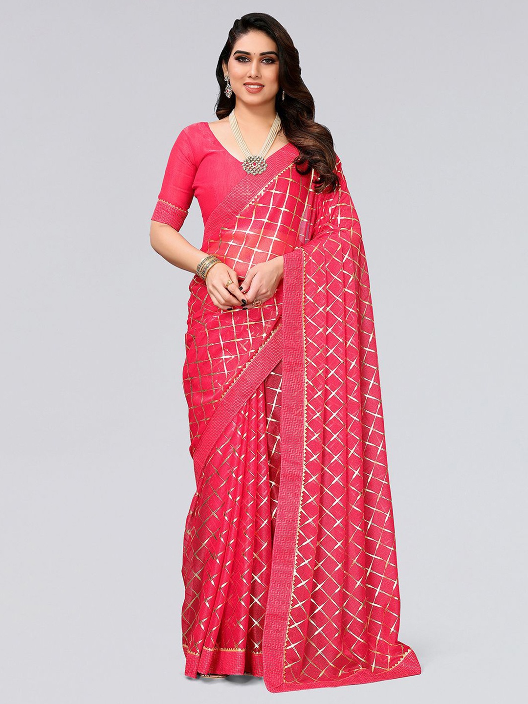 

SIRIL Checked Foil Printed Gotta Patti Saree, Pink