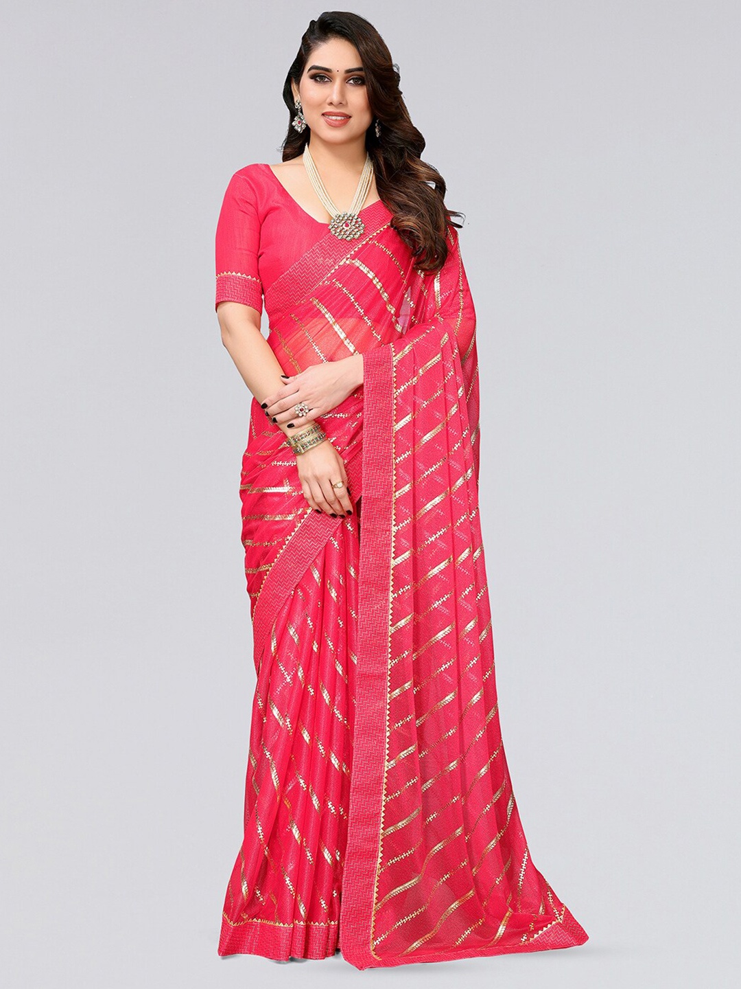 

SIRIL Striped Foil Printed Gotta Patti Saree, Pink