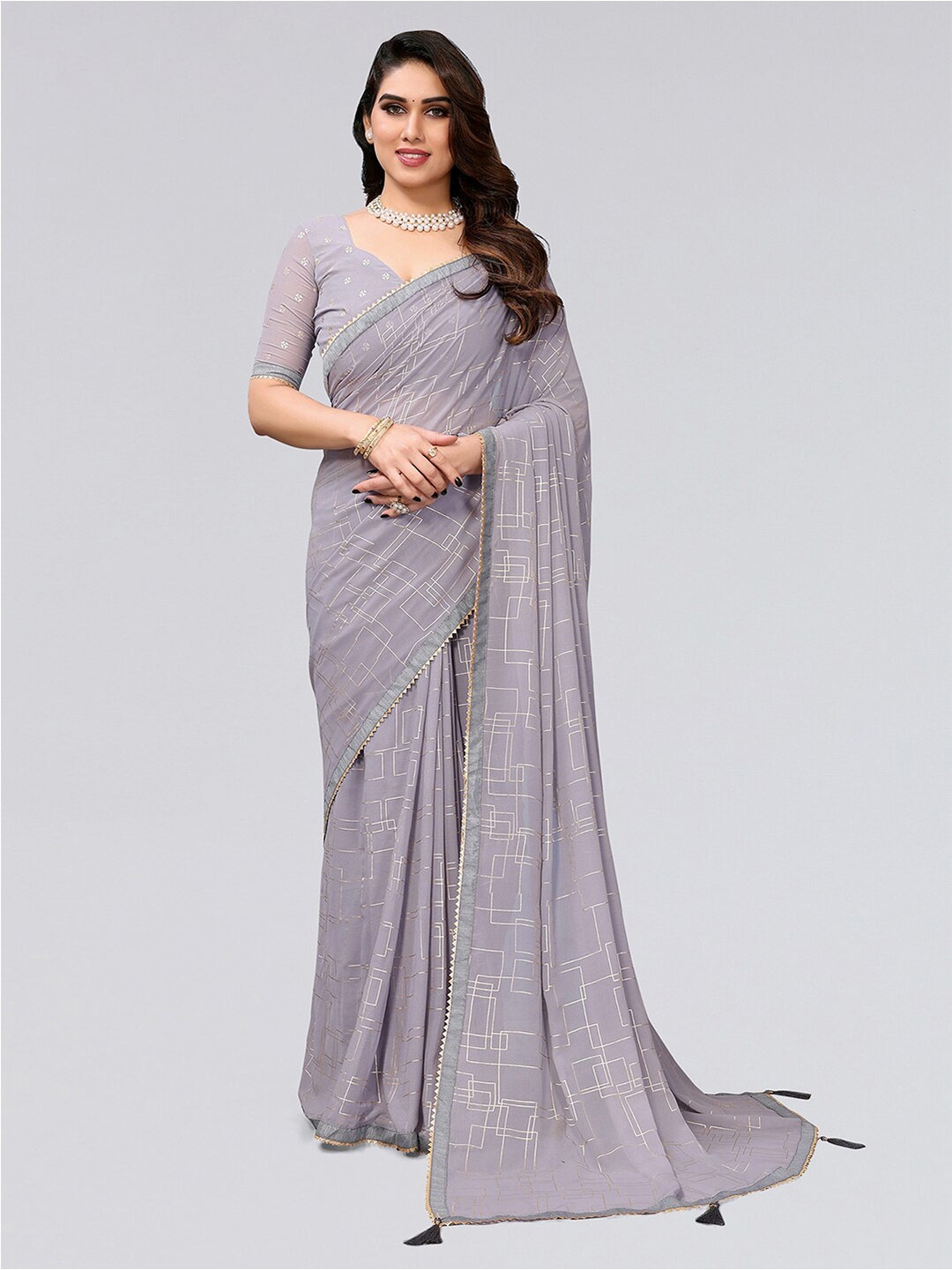 

SIRIL Geometric Printed Gotta Patti Saree, Grey