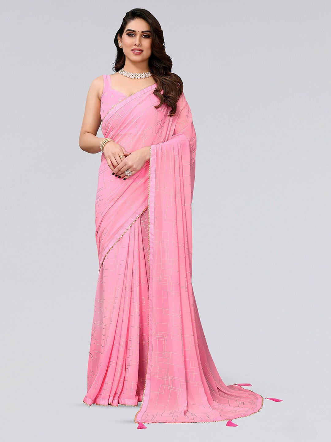 

SIRIL Geometric Foil Printed Gotta Patti Saree, Pink