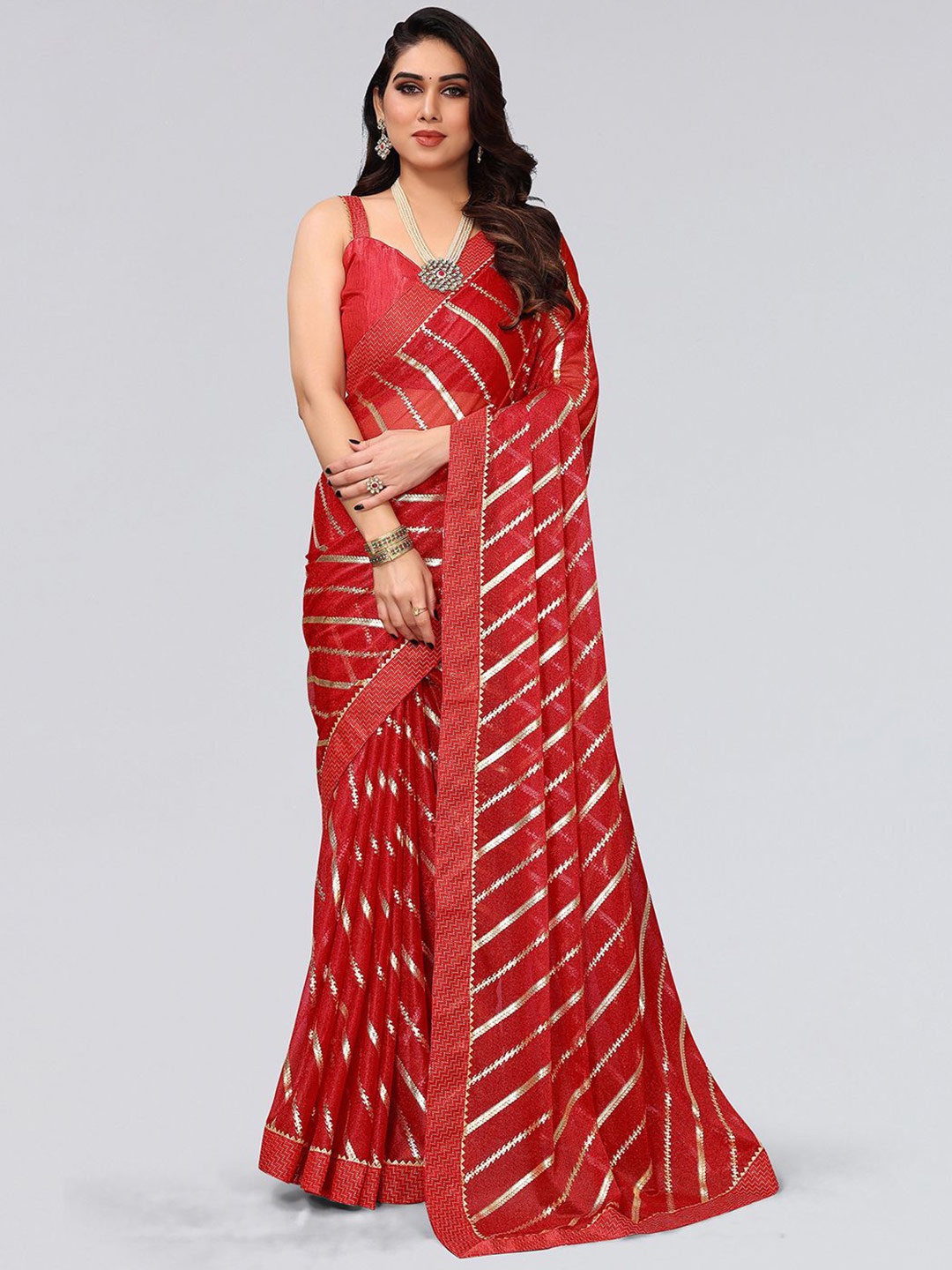 

SIRIL Striped Gotta Patti Saree, Red