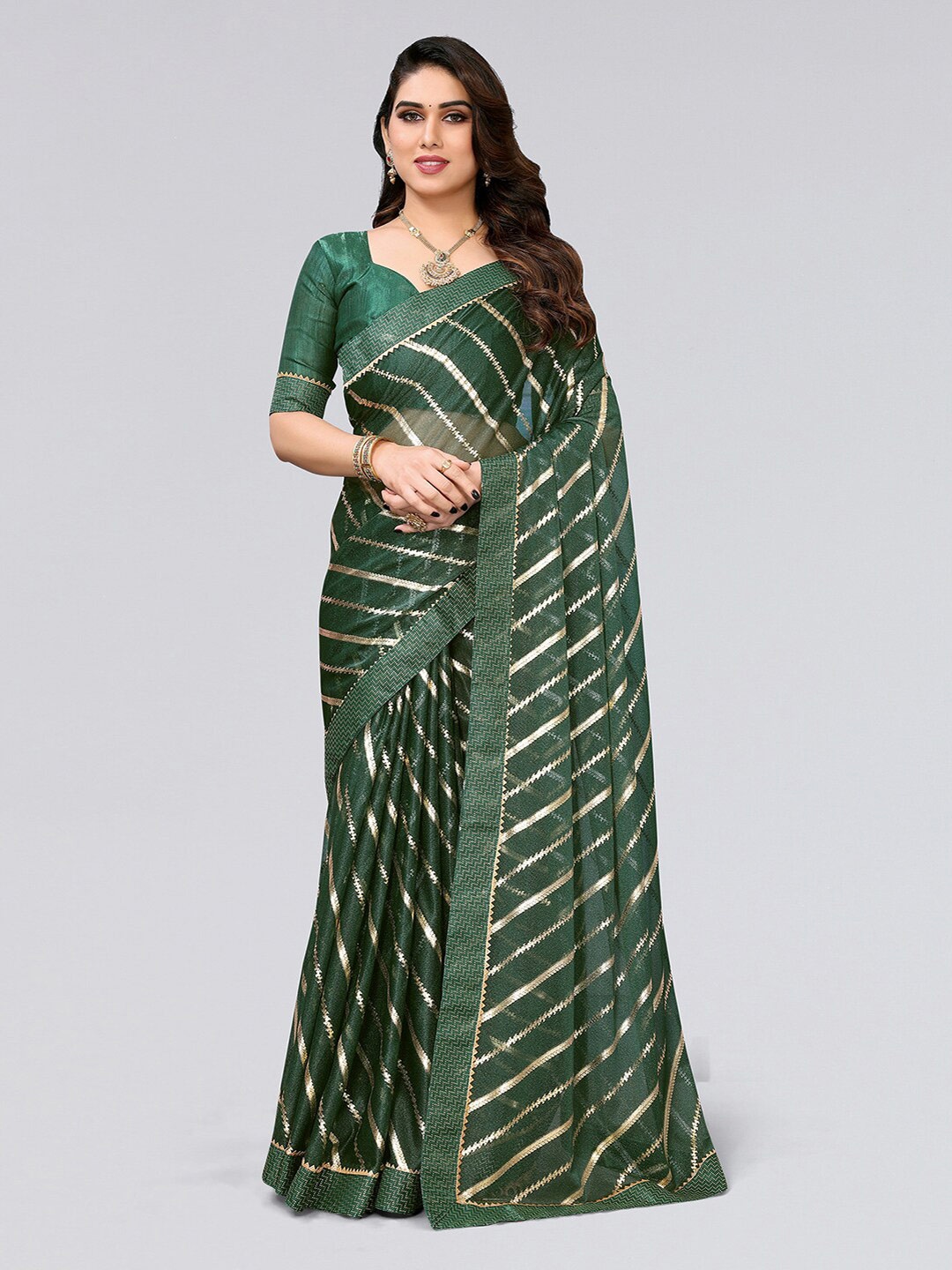 

SIRIL Striped Gotta Patti Saree, Green
