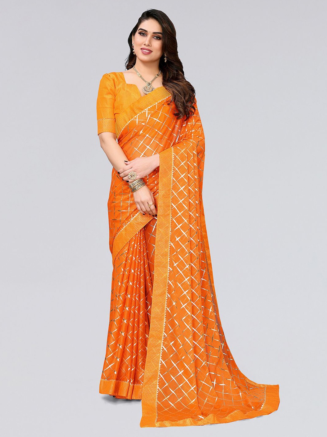 

SIRIL Checked Foil Printed Gotta Patti Saree, Yellow