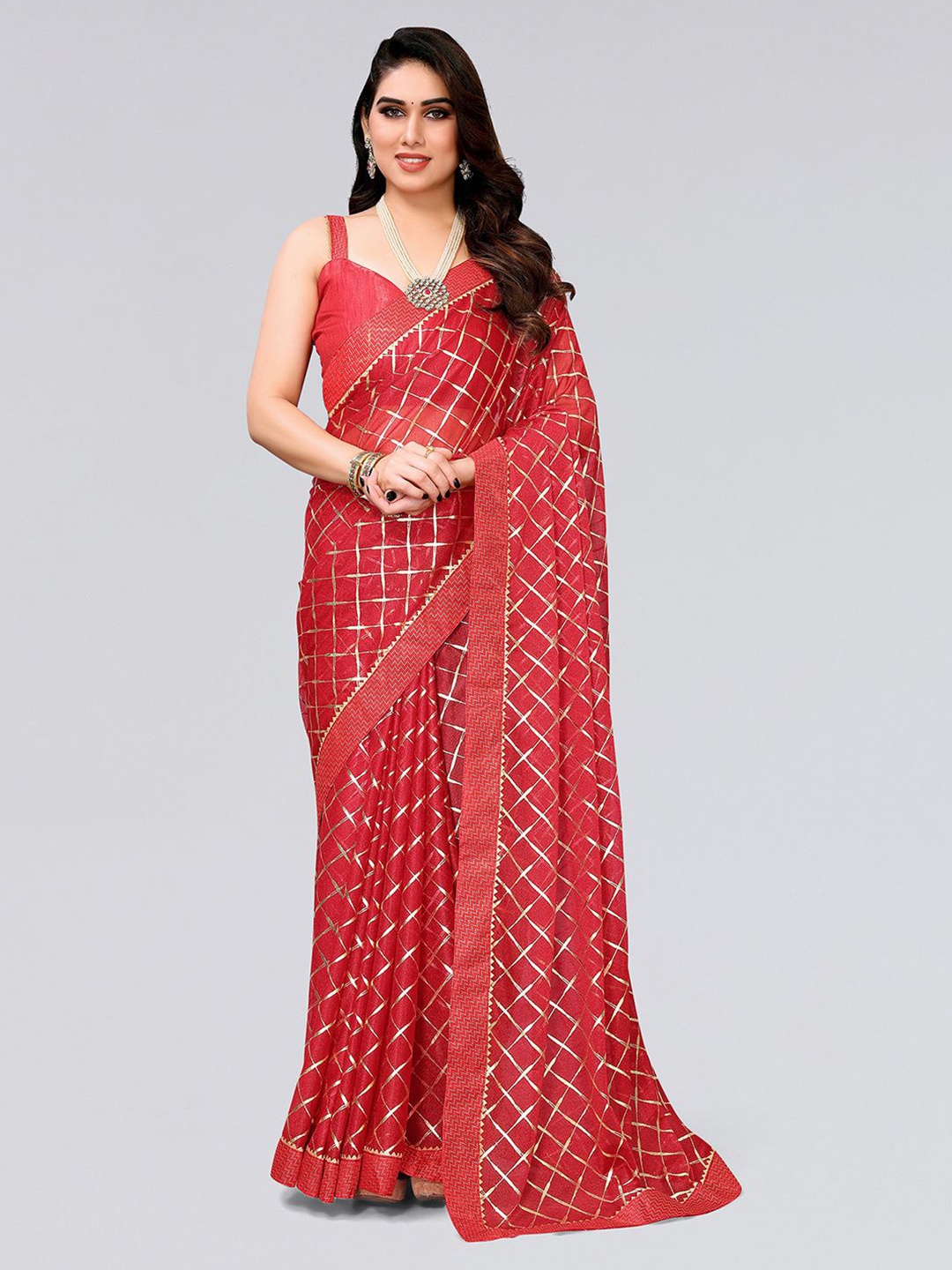 

SIRIL Red Checked Foil Printed Gotta Patti Saree