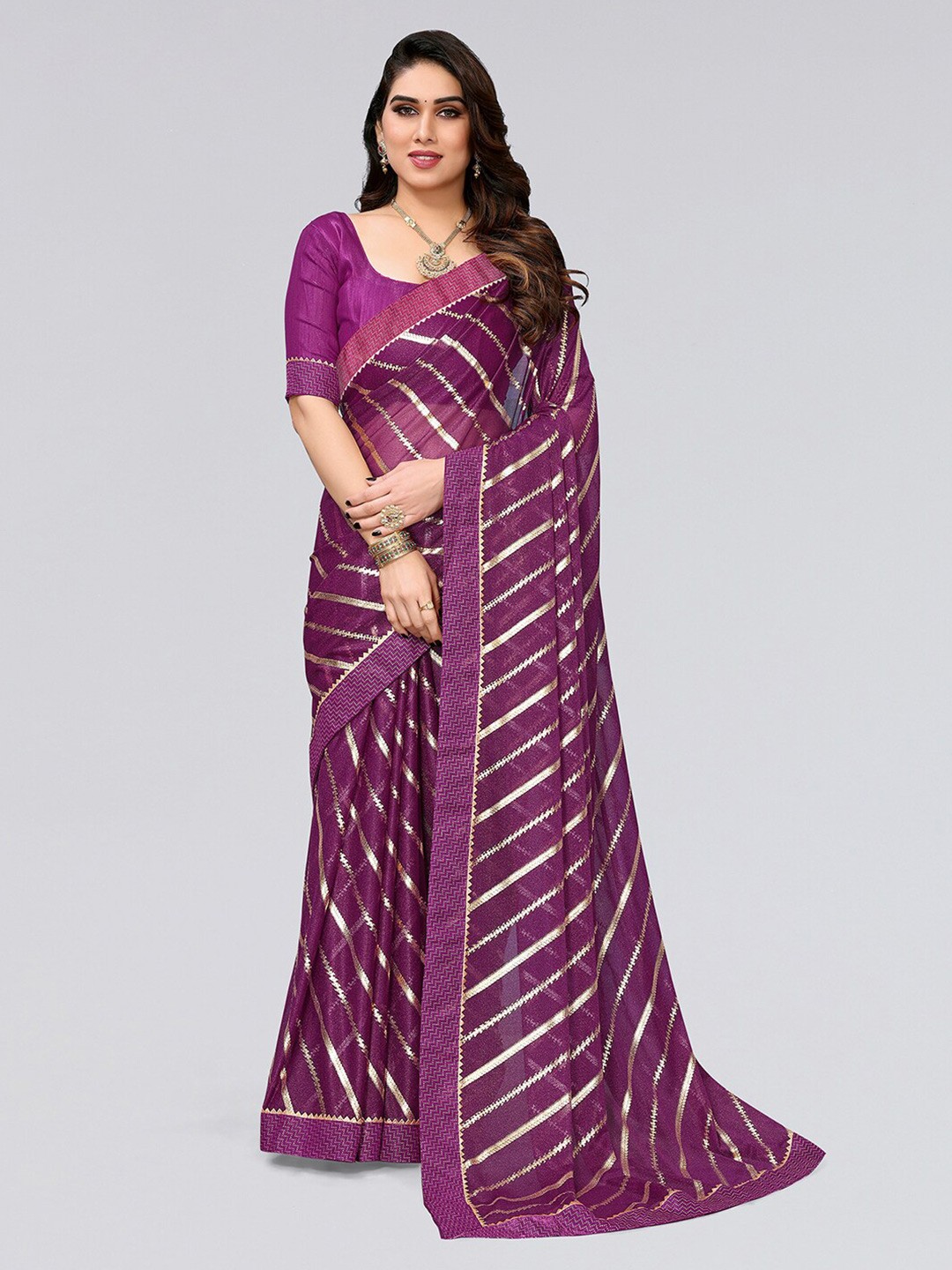 

SIRIL Striped Zari Saree, Purple