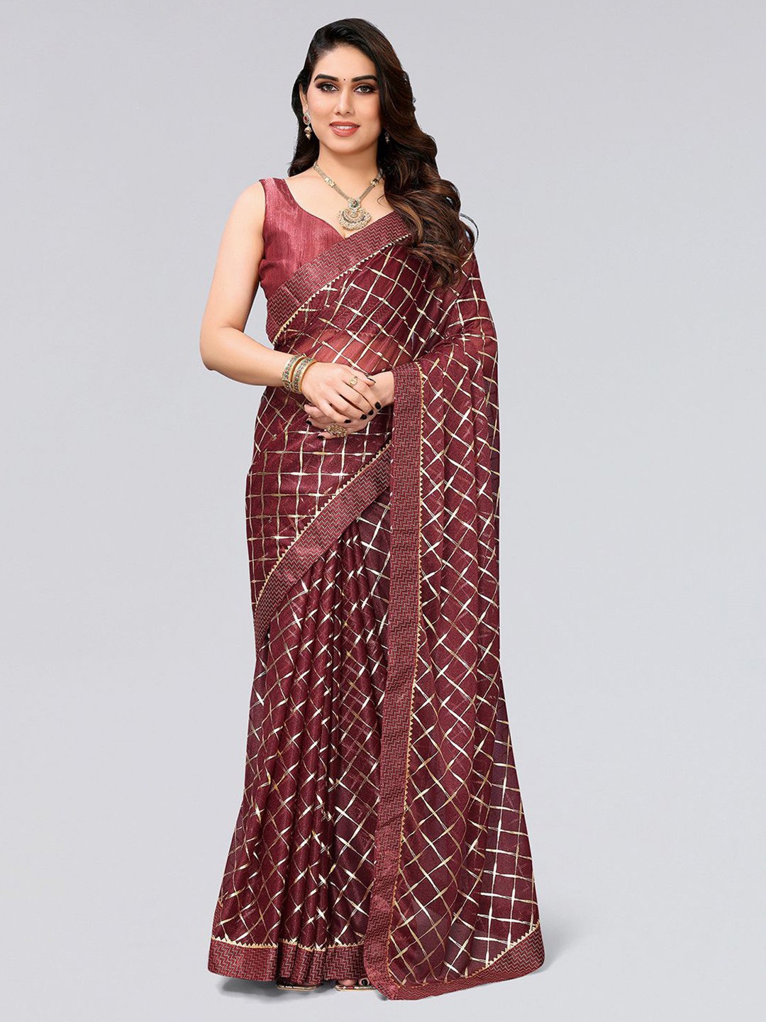 

SIRIL Checked Gotta Patti Saree, Brown