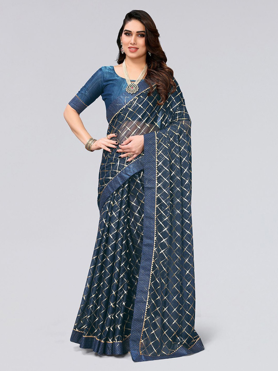 

SIRIL Checked Gotta Patti Saree, Blue