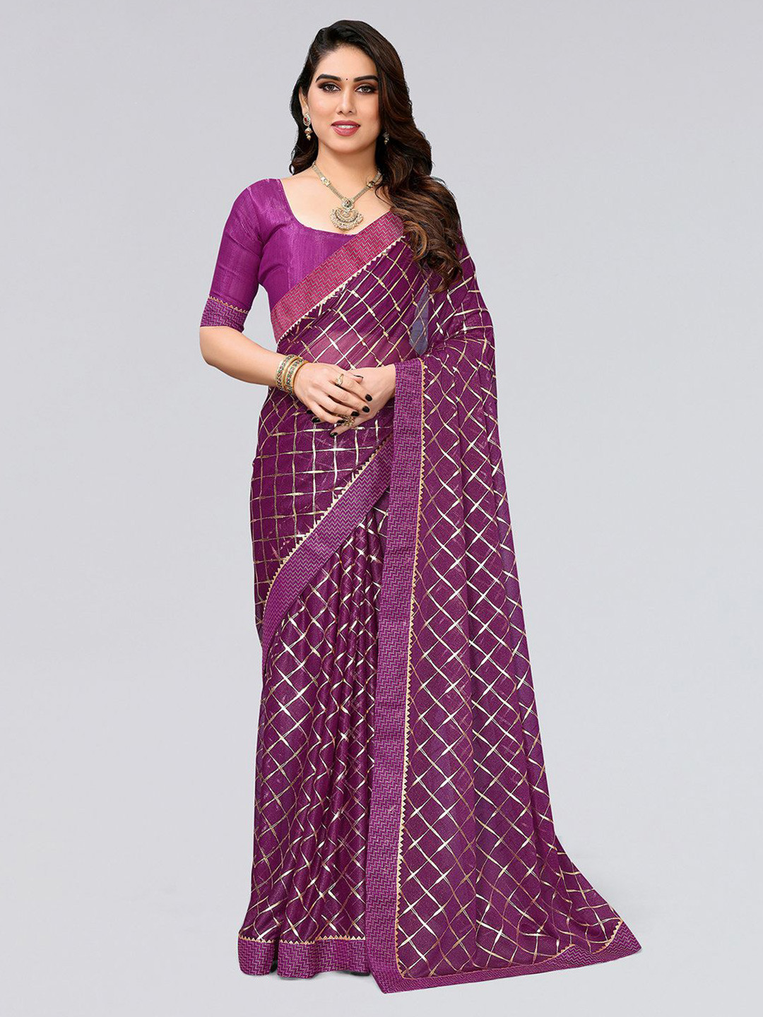 

SIRIL Checked Zari Saree, Purple