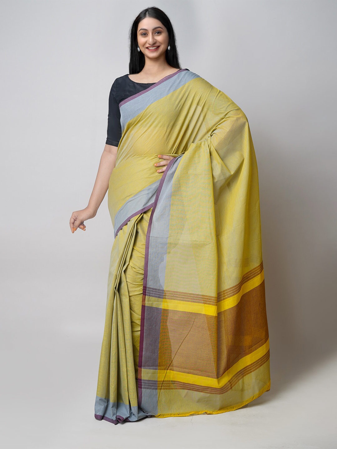 

Unnati Silks Colourblocked Pure Cotton Mangalagiri Saree, Yellow