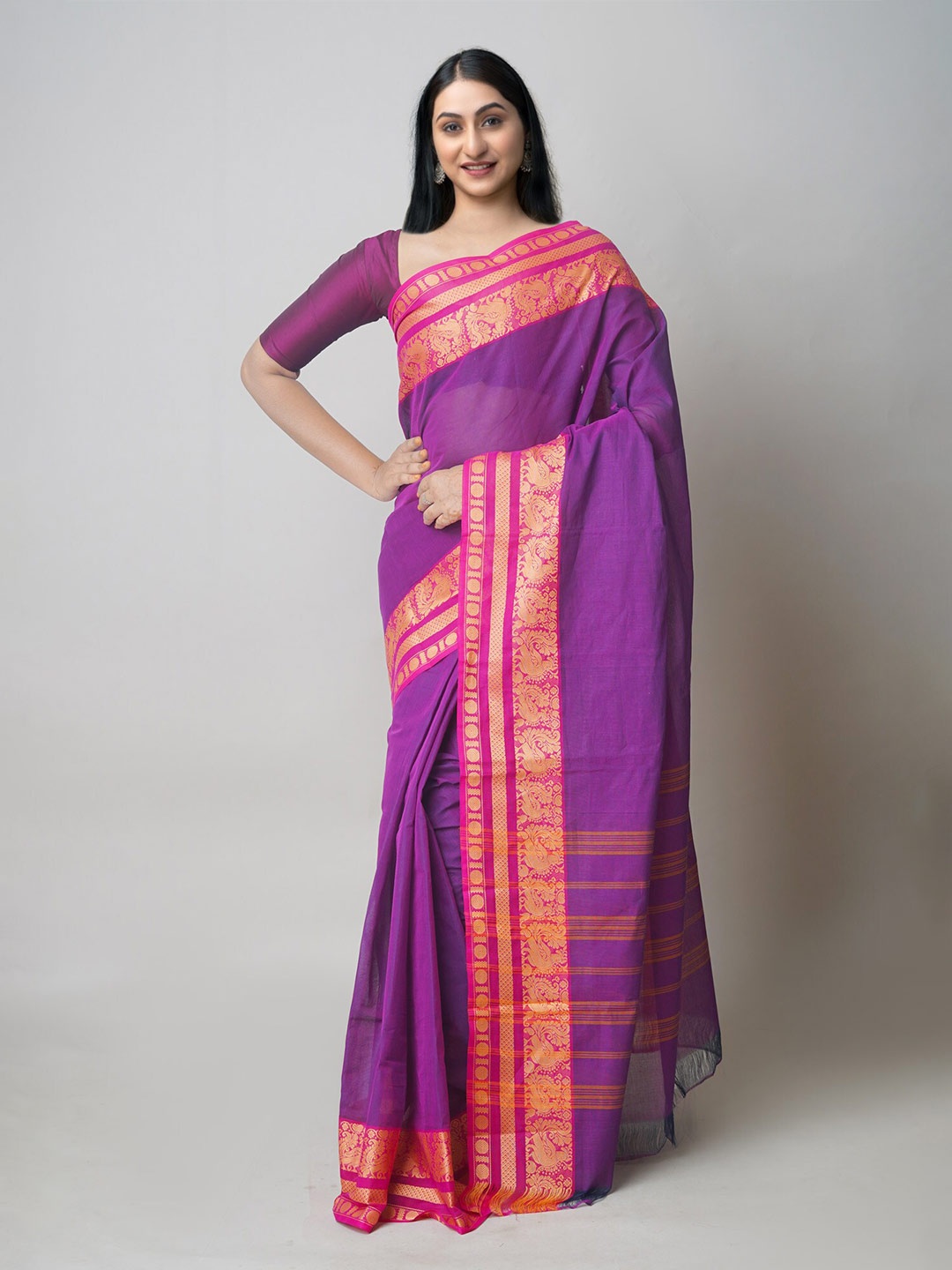 

Unnati Silks Zari Pure Cotton Kanjeevaram Saree, Violet