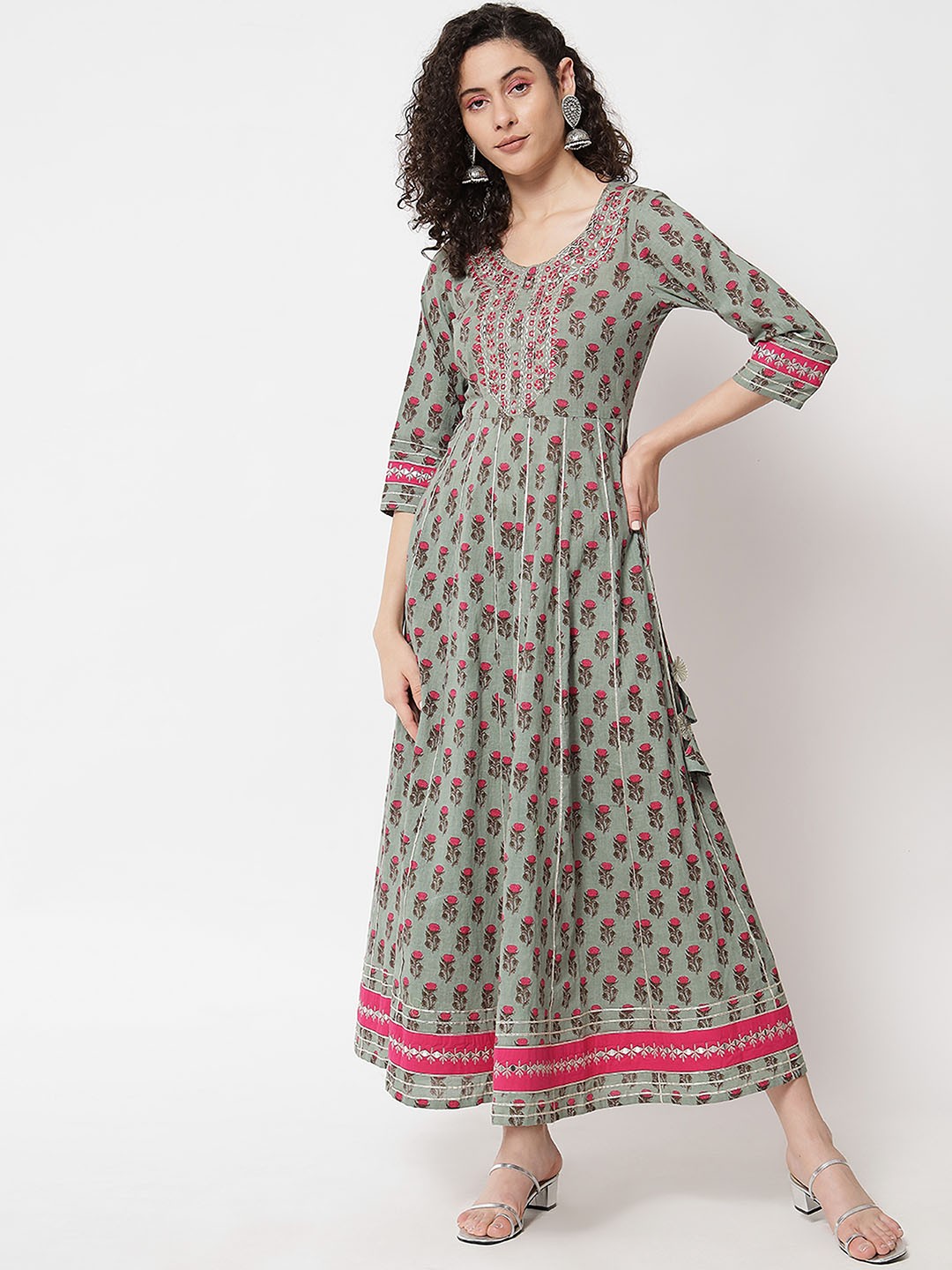 

AAYUMI Ethnic Motifs Printed A Line Ethnic Dress, Grey