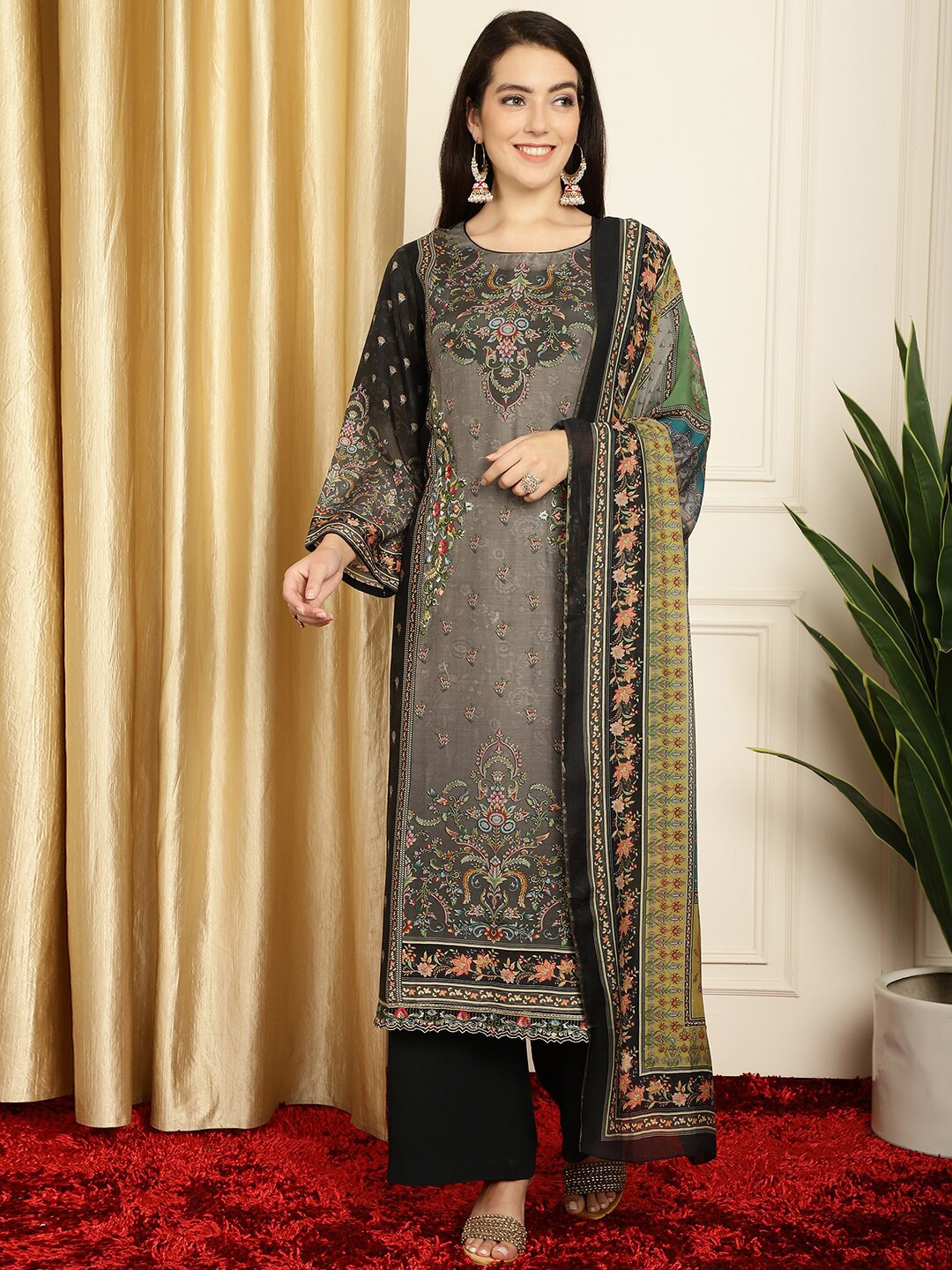

Stylee LIFESTYLE Floral Printed Unstitched Dress Material, Grey
