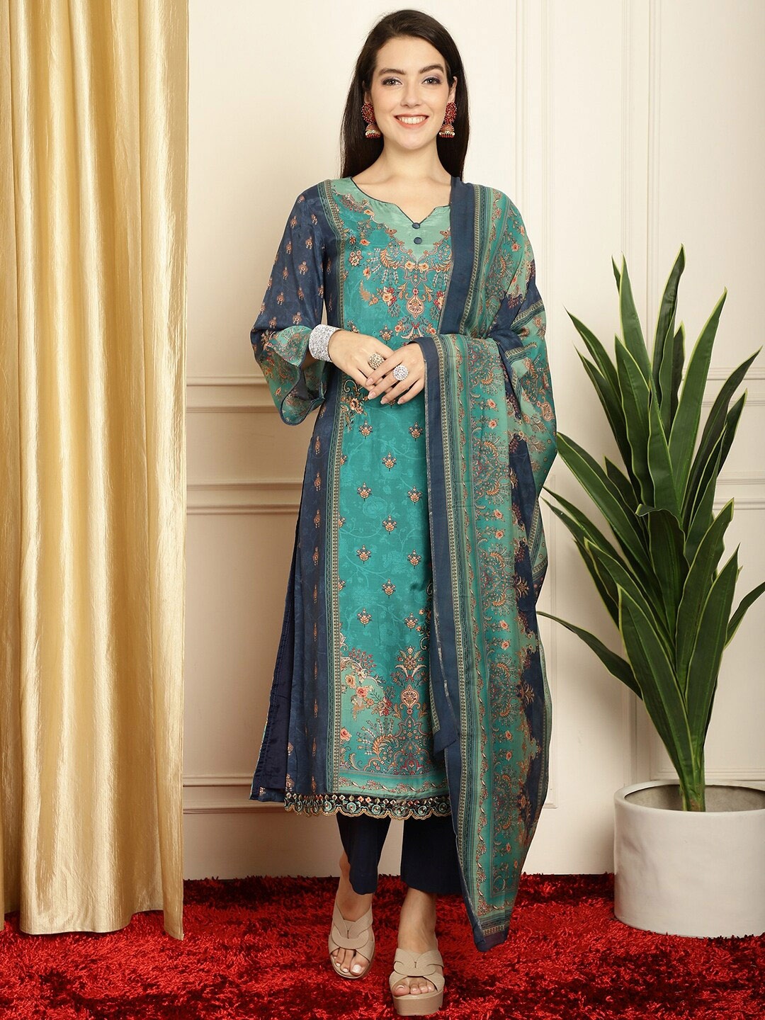 

Stylee LIFESTYLE Floral Printed Unstitched Dress Material, Navy blue