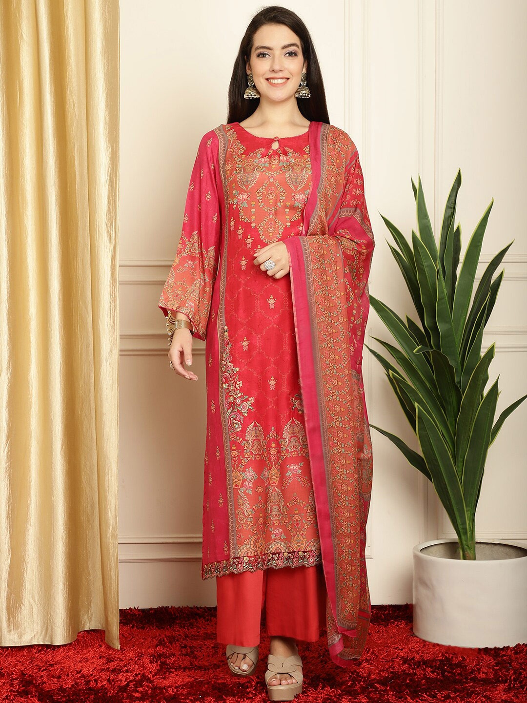 

Stylee LIFESTYLE Floral Printed Pashmina Unstitched Dress Material, Magenta
