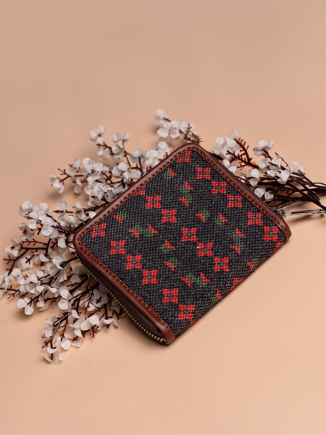 

ZOUK Women Ethnic Motifs Printed Fabric Zip Around Wallet, Black
