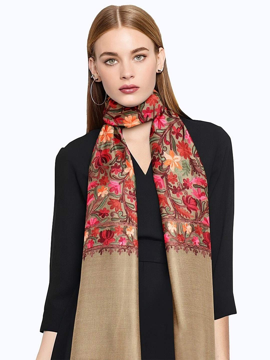 

CASMIR Floral Embroidered Wool Shawl, Beige